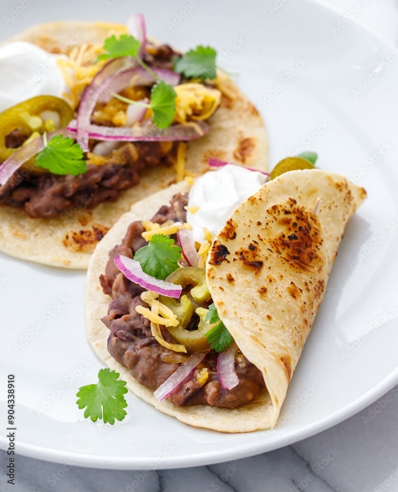 two tacos on a plate with sour cream and toppings two tacos on a plate with sour cream and toppings
