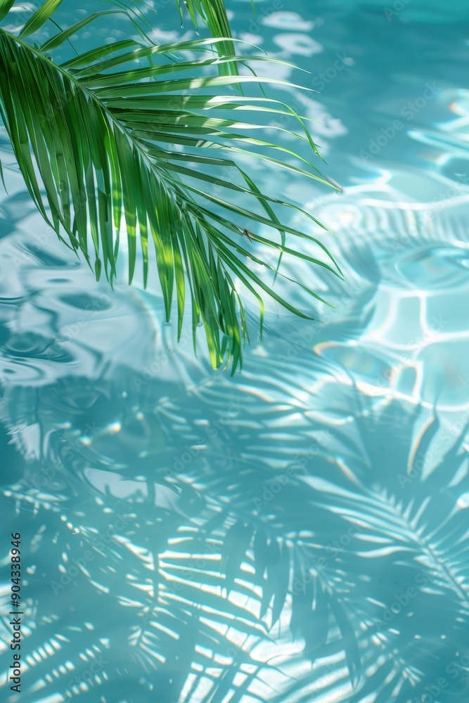 A leafy green palm tree is shown in the foreground of a blue sky background. Concept of relaxation and tranquility, as the palm tree's leaves sway gently in the breeze A leafy green palm tree is shown in the foreground of a blue sky background. Concept of relaxation and tranquility, as the palm tree's leaves sway gently in the breeze