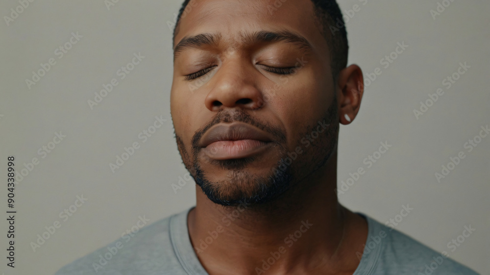 Obraz premium Man meditating closed eyes outdoors for calm, peace and is mindful . Person, relaxed male 