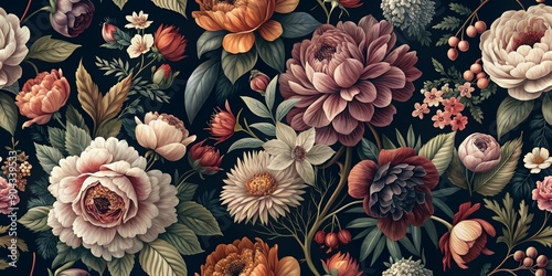 Dark Floral Watercolor Seamless Pattern, floral pattern, botanical art, vintage floral, wallpaper design, ,