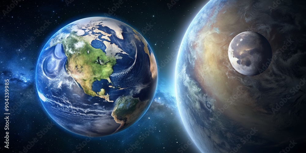 Obraz premium Earth and Alien Planet in Space, North America, Starry Night, Alien World, Space Exploration