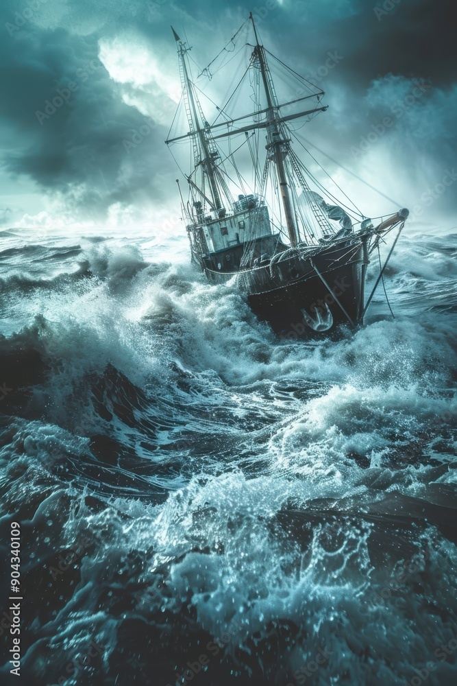 A ship is in the middle of a stormy sea. The waves are crashing against the boat, and the sky is dark and cloudy. Scene is tense and dramatic, as the ship struggles to stay afloat in the rough waters A ship is in the middle of a stormy sea. The waves are crashing against the boat, and the sky is dark and cloudy. Scene is tense and dramatic, as the ship struggles to stay afloat in the rough waters