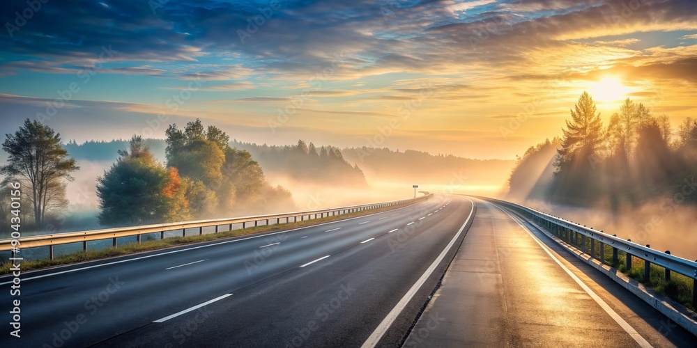 Empty Highway Through Misty Forest at Sunrise, Highway, Roadtrip, Nature, Scenic Empty Highway Through Misty Forest at Sunrise, Highway, Roadtrip, Nature, Scenic