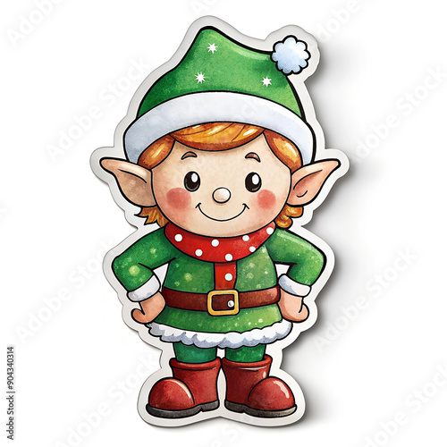 Christmas elf in green suit santa's helper, sticker in hand drawn style on white background