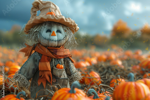 Scarecrow  standing in a pumpkin patch