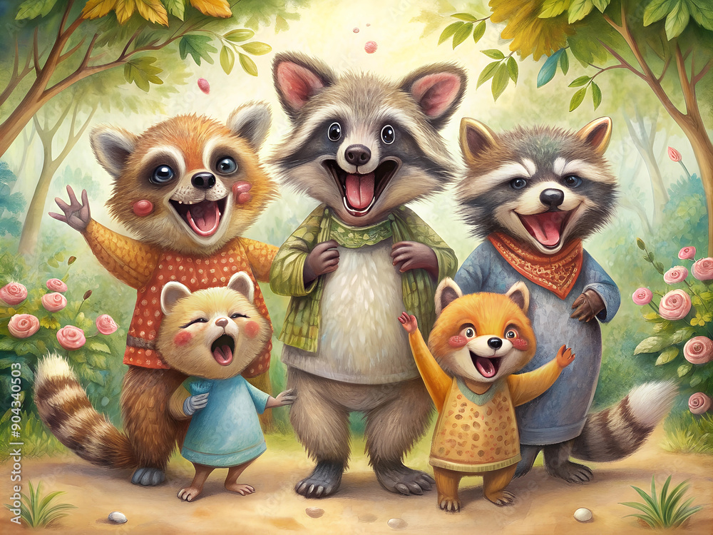 Group of cute funny raccoons in hand drawn style, having fun, standing against the background of the forest Group of cute funny raccoons in hand drawn style, having fun, standing against the background of the forest