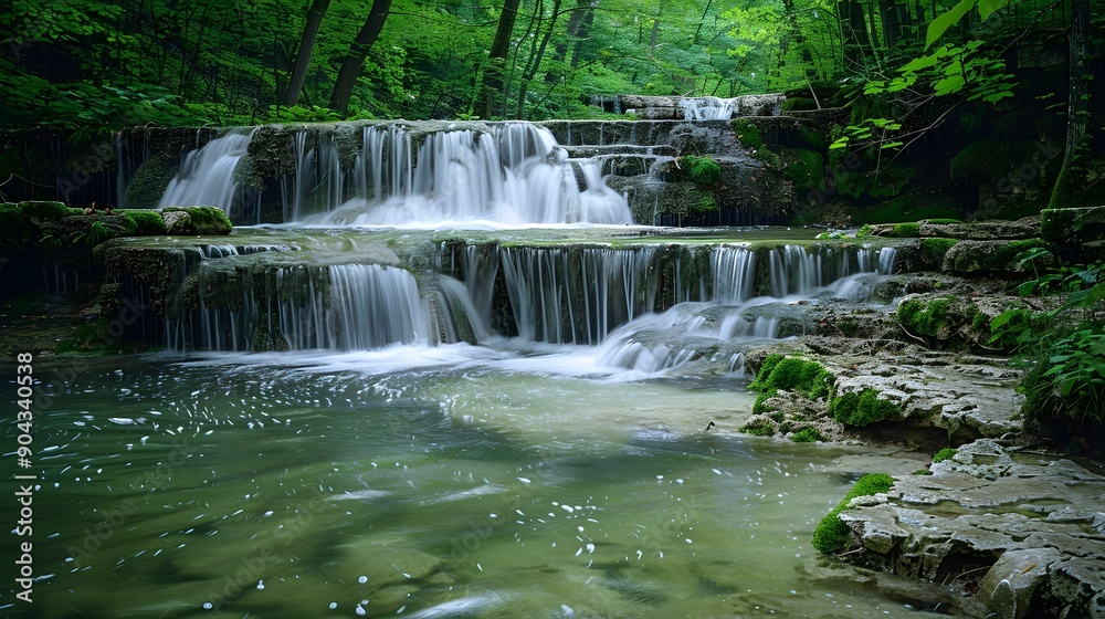 a lush green forest waterfall with crystal-clear water cascading down. lush green waterfall, aquatic nature a lush green forest waterfall with crystal-clear water cascading down. lush green waterfall, aquatic nature