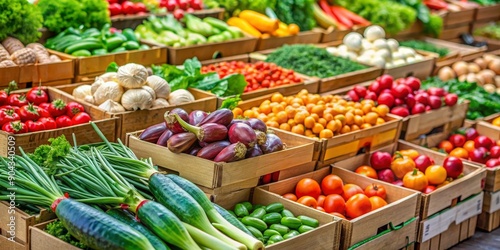 Farmers Market Produce Display, wooden crates, fresh vegetables, organic produce, grocery shopping, farmer's market, local produce © BrilliantPixels