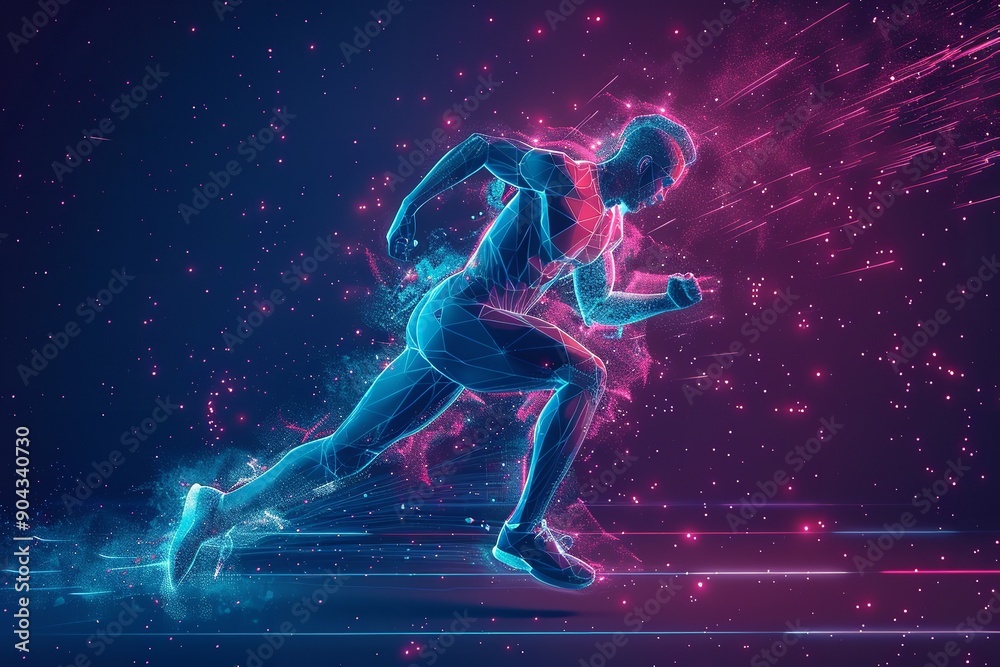 An athlete in human form sprinting with digital wireframe neon. Generative Ai An athlete in human form sprinting with digital wireframe neon. Generative Ai