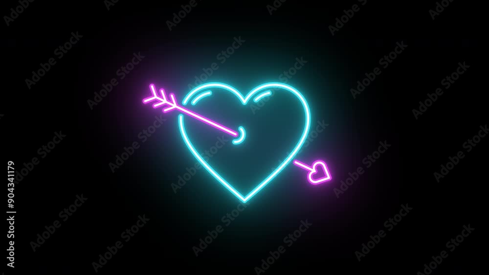 Neon love heart, color shift animation. Glowing neon heart icon with cupid arrow, looped color blink animation. Sweet love and passion, romantic date, amore, love feeling. Magenta, azure colors