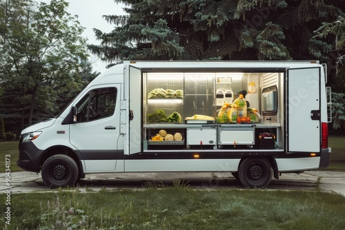 A white van with a large window on the side is parked in a grassy area