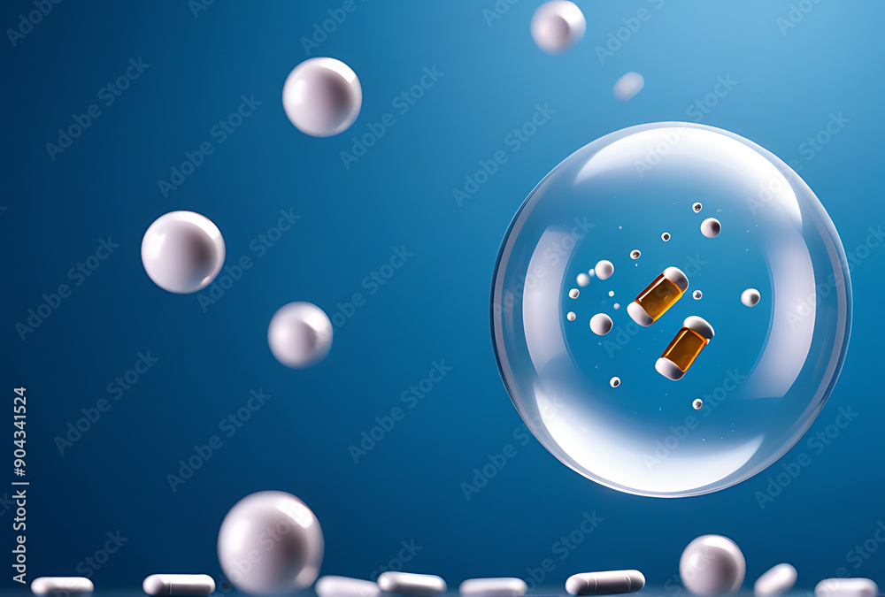 white levitating bubble tablets capsules fly different directions blue background symbolizing medicine banner text space white levitating bubble tablets capsules fly different directions blue background symbolizing medicine banner text space