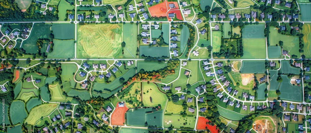 Fototapeta premium A view of a residential area with houses and a green field