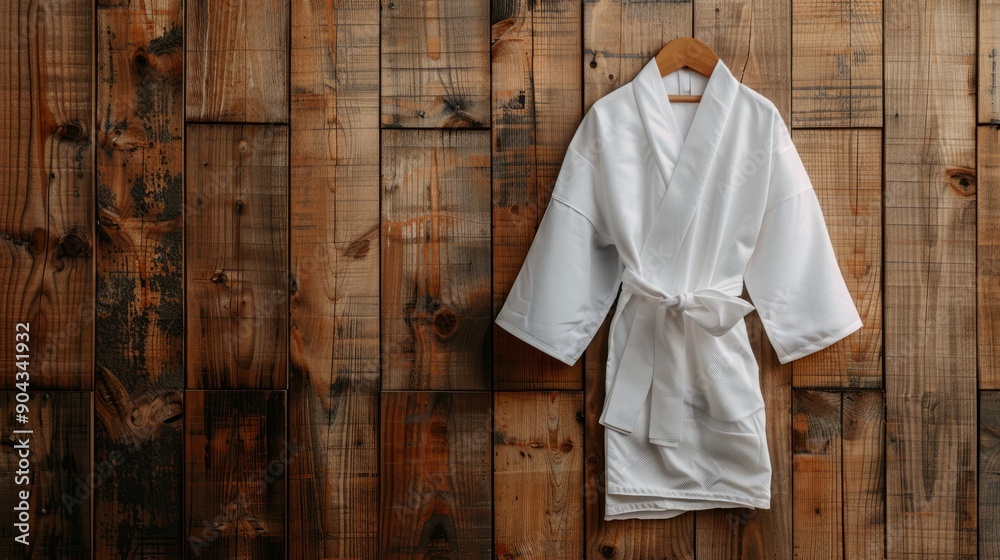 Top view of a white kimono hanging on a wooden background