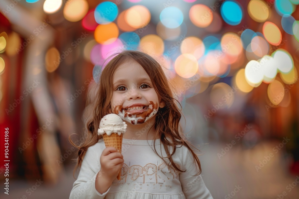 Cute baby girl smiling indoors brown hair looking joyful. Adorable infant innocence and bright expression indoors. Ice cream brings pure happiness to this child. Cute baby girl smiling indoors brown hair looking joyful. Adorable infant innocence and bright expression indoors. Ice cream brings pure happiness to this child.