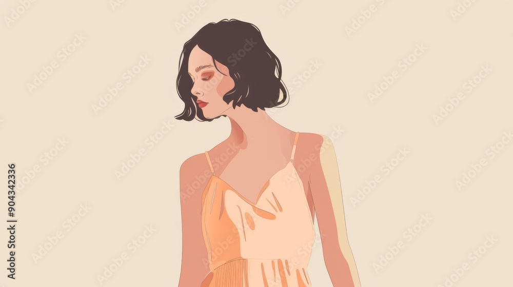 Lady in a silk slip dress, flat , minimalist style, pastel tones, elegant simplicity Lady in a silk slip dress, flat , minimalist style, pastel tones, elegant simplicity