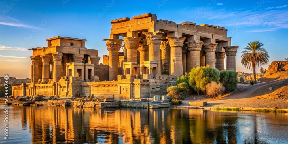 Naklejka premium Golden Hour Reflection of the Temple of Kom Ombo, Egypt, Ancient Temple, Egyptian History, Kom Ombo, Nile River
