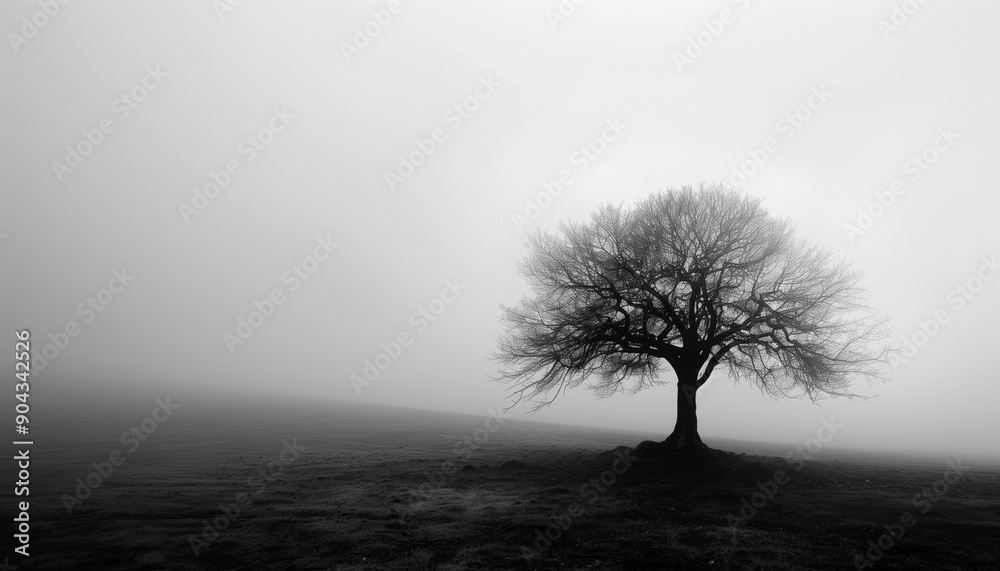 Fototapeta premium Solitary leafless tree in a misty, monochromatic landscape, creating a sense of calm and solitude.