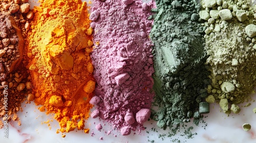 Aerial view of organic food coloring powders in vibrant shades photo