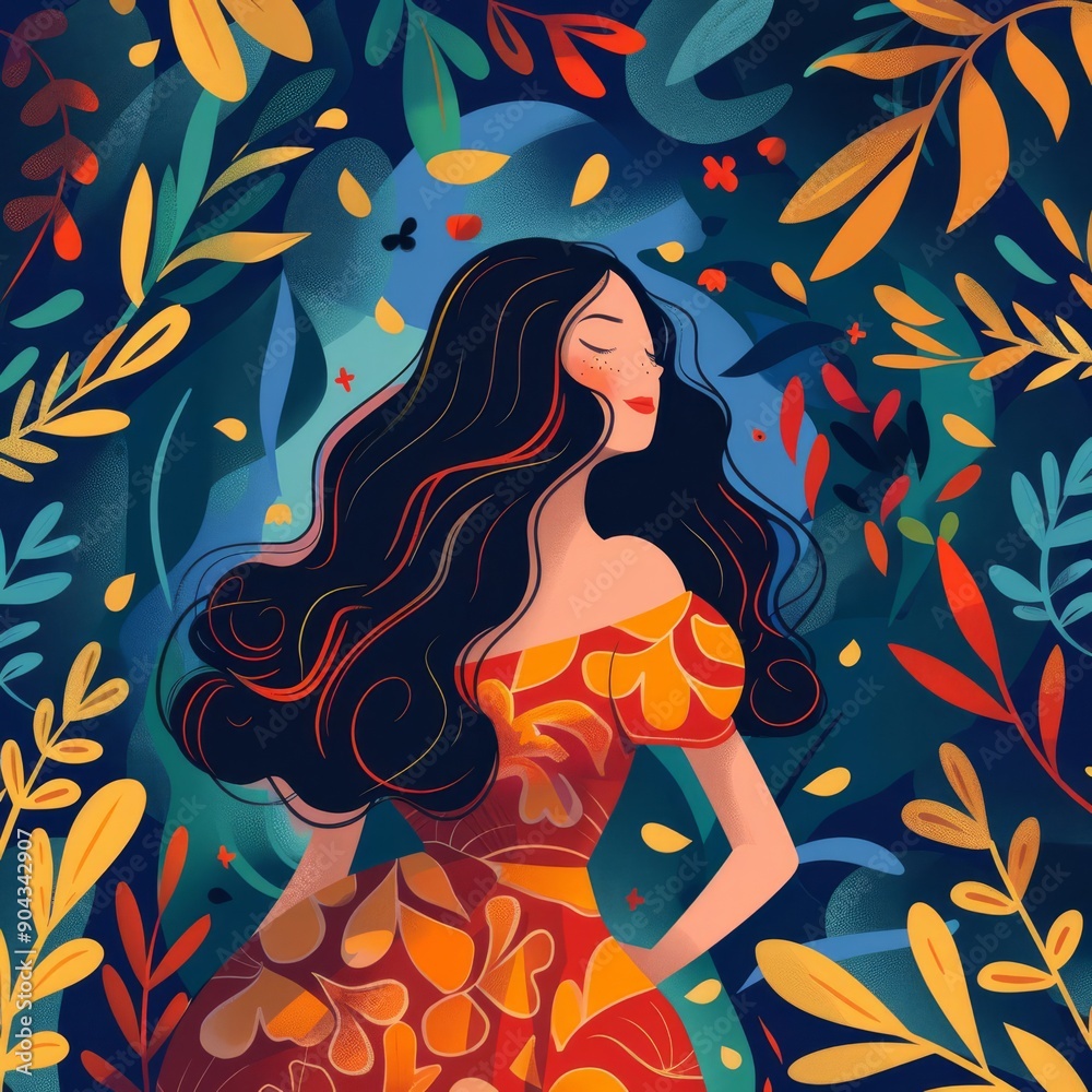 Romantic woman in an offshoulder dress, flat , whimsical style, vibrant colors, dreamy details Romantic woman in an offshoulder dress, flat , whimsical style, vibrant colors, dreamy details