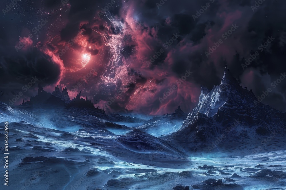 Naklejka premium Fantasy landscape with glowing red nebula and snow covered mountains