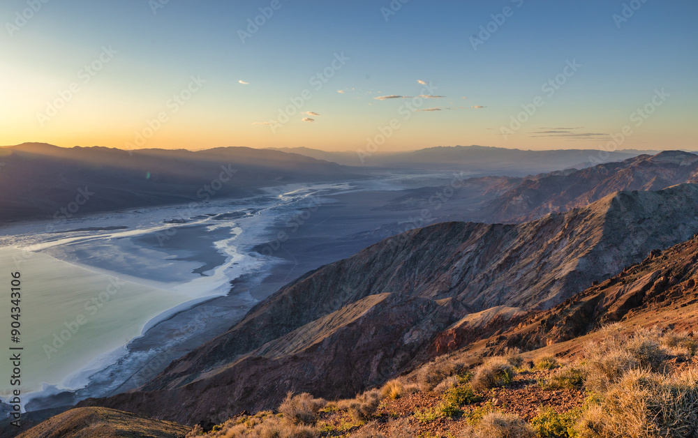 Beautiful view of Lake Manly at sunset from Dantes View in Death Valley National Park, California USA