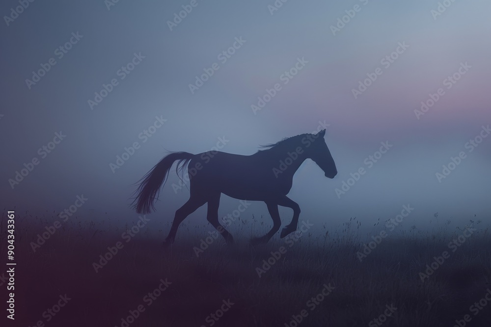 Imaginary meadow of morning sunlight with a brown horse and purple colored fog. Imaginary meadow of morning sunlight with a brown horse and purple colored fog.