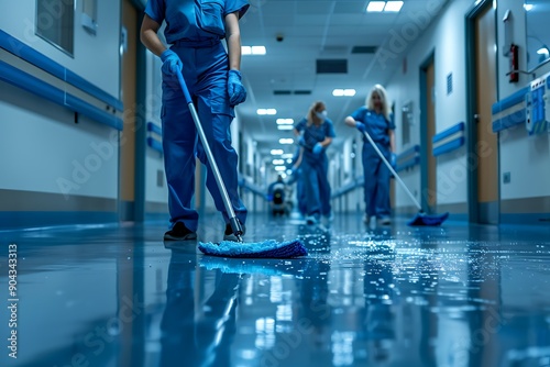 Blue-uniformed cleaning team mopping hospital corridor, high resolution, professional photography style.