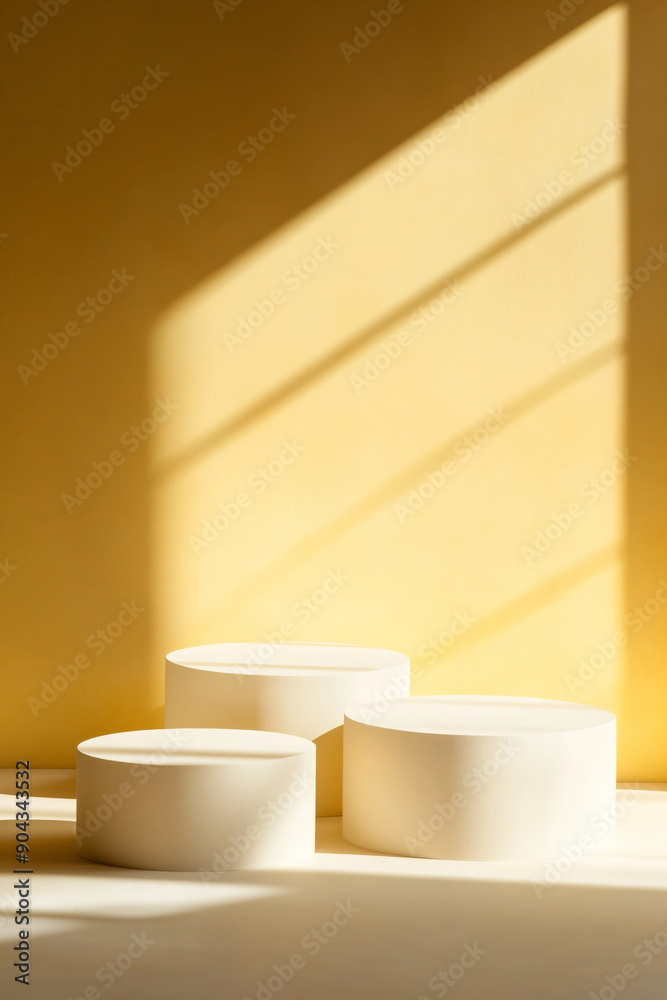 three round pedestals on yellow minimalist background three round pedestals on yellow minimalist background
