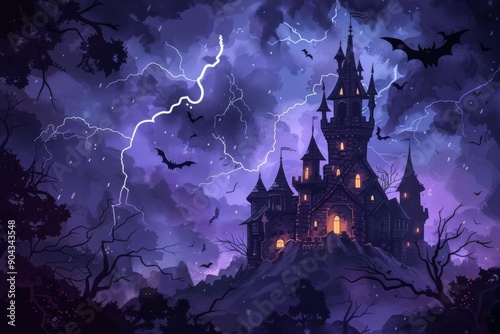 A dark, ominous castle with bats flying around, set against a stormy night sky with lightning