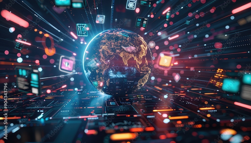 Fototapeta premium Global Network of Data Flowing through a Circuit Board