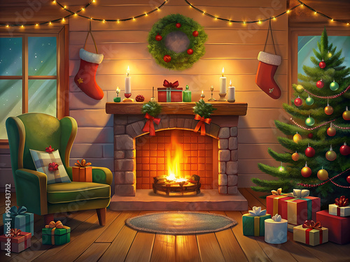 Cozy Christmas room with a burning fireplace, an armchair and a decorated Christmas tree and gifts