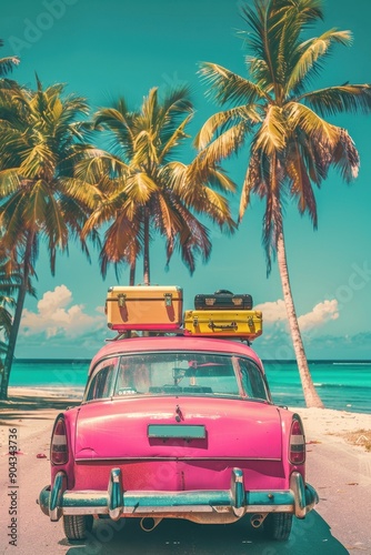 A yellow car is parked on the beach with luggage on top of it. The car is surrounded by palm trees and the ocean. Concept of adventure and relaxation