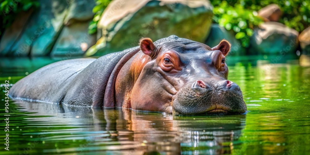 Fototapeta premium Hippopotamus Submerged in Water, Close-up Portrait, Lush Green Background, Wildlife Photography, hippopotamus, hippo, water