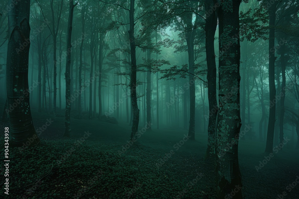 Fototapeta premium This is a spooky foggy forest trail. There are shadows of trees which are illuminated by hard, harsh light coming from the right.