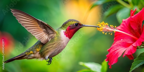 Hummingbird Feeding on Red Hibiscus Flower, Green Background, Wildlife Photography, Nature, Bird, Flower, Hummingbird