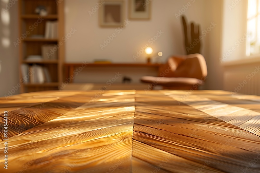 Empty wooden table with chevron pattern, cozy Scandinavian interior, soft light, wood grain, blurred chair and bookcase, wall art.