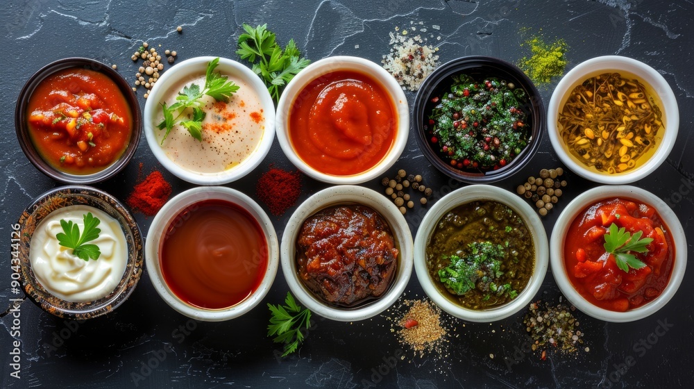 Variety of sauces displayed on black surface with fresh garnishes at culinary event Variety of sauces displayed on black surface with fresh garnishes at culinary event