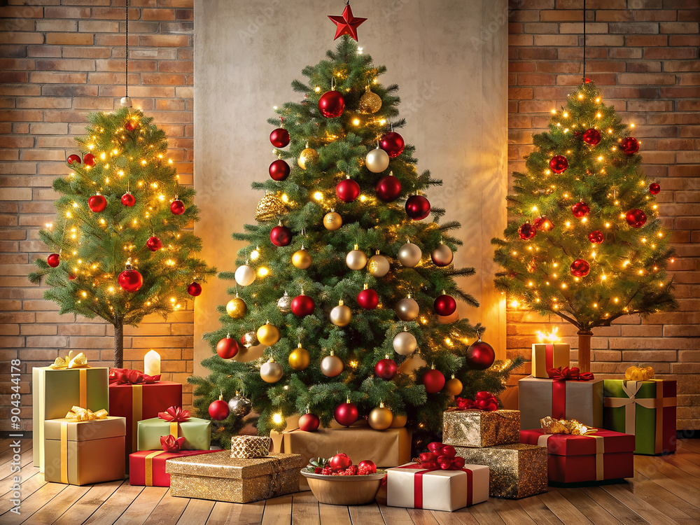 Three decorated Christmas trees stand in the room, lights are burning on the trees, and presents are lying under the trees. Three decorated Christmas trees stand in the room, lights are burning on the trees, and presents are lying under the trees.