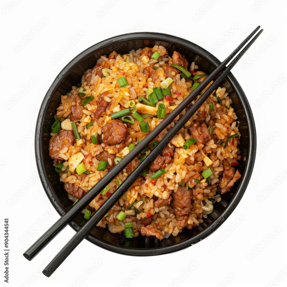 Medium shot of A top view of a traditional asian dish on a black bowl with two chopsticks Medium shot of A top view of a traditional asian dish on a black bowl with two chopsticks