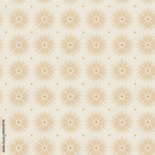 Hand drawn seamless pattern of sunburst, stars. Mystical celestial bursting star rays vector illustration