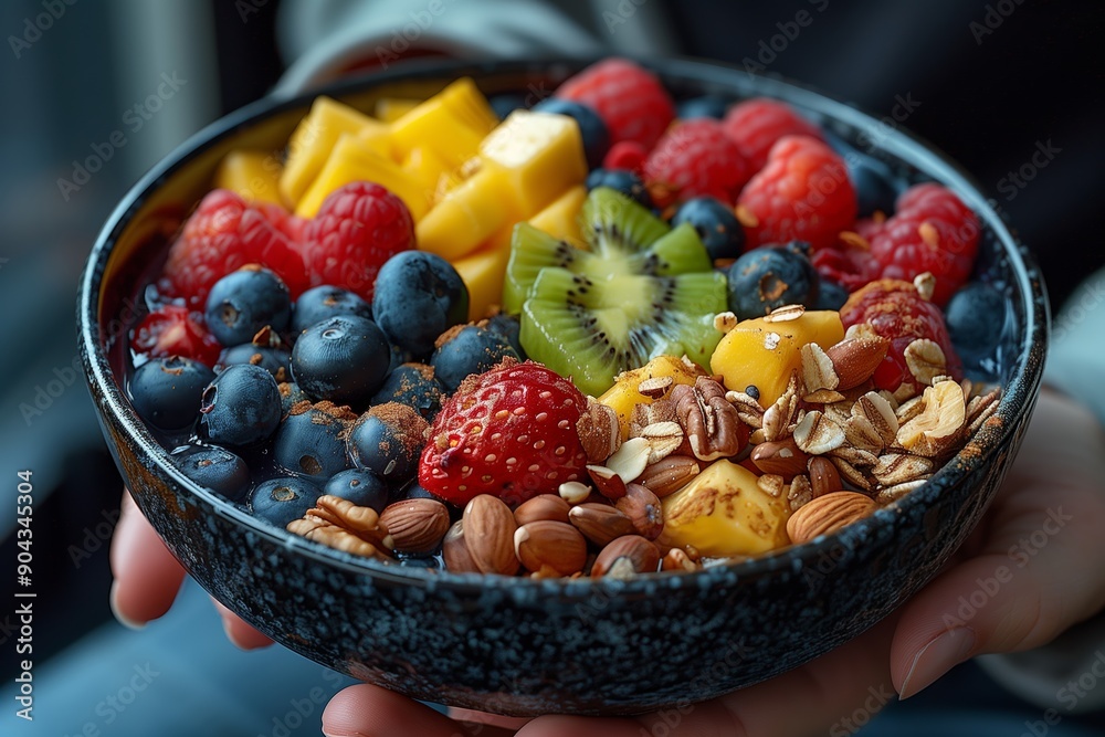 Colorful Fresh Fruit Bowl With Nuts and Seeds Served in a Dark Ceramic Dish Colorful Fresh Fruit Bowl With Nuts and Seeds Served in a Dark Ceramic Dish
