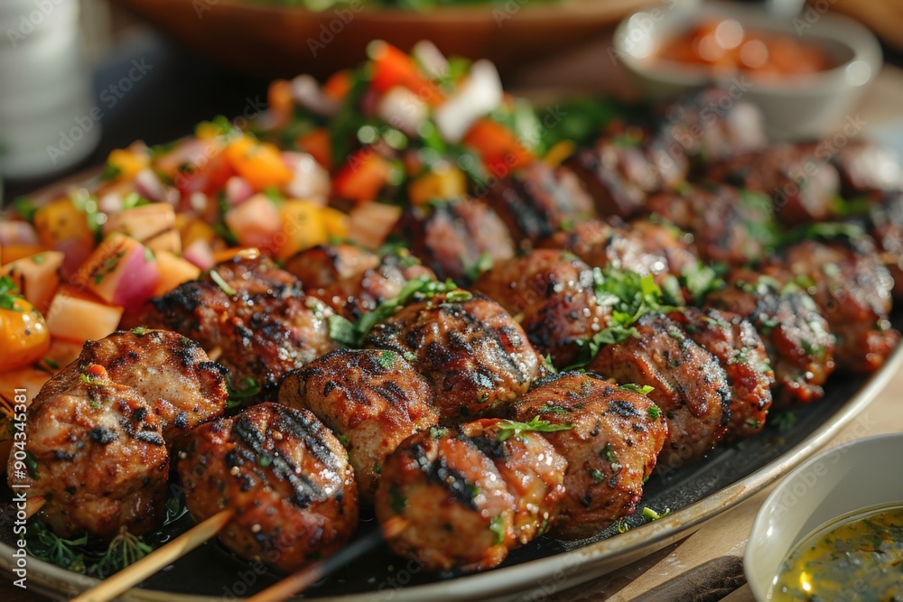 Close-up of a platter of grilled shashlik skewers with a side of chopped fruit and vegetables Close-up of a platter of grilled shashlik skewers with a side of chopped fruit and vegetables