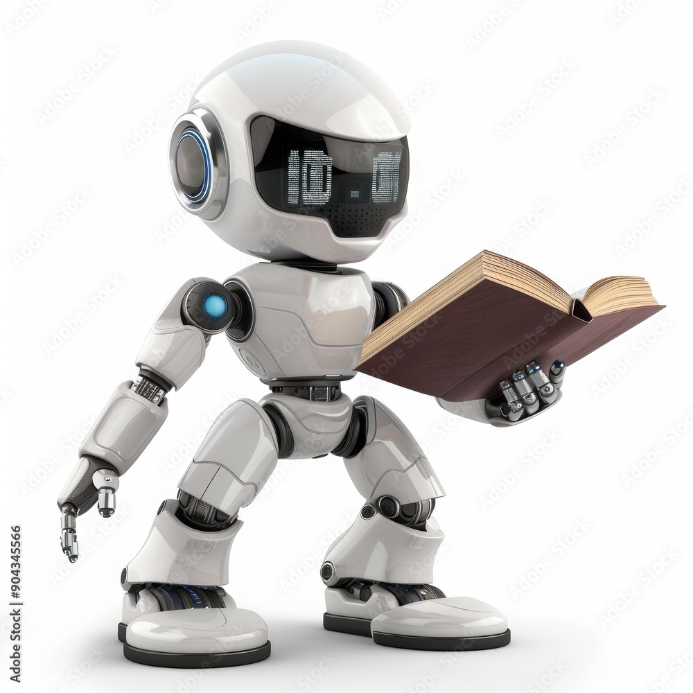 A Small White Robot Reads a Book A Small White Robot Reads a Book