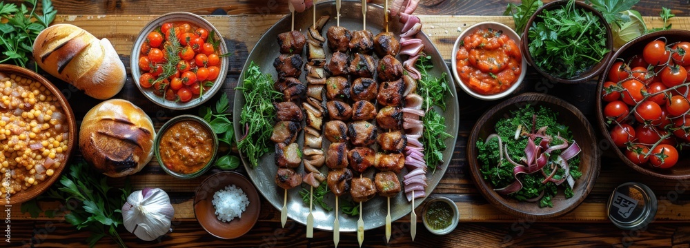A close-up shot of a table filled with food, featuring grilled shish kebabs, homemade side dishes, and freshly baked bread A close-up shot of a table filled with food, featuring grilled shish kebabs, homemade side dishes, and freshly baked bread