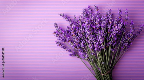 A bunch of purple lavender flowers are arranged in a vase on a purple background. The flowers are fresh and vibrant, and the purple background adds a sense of calm and relaxation to the scene