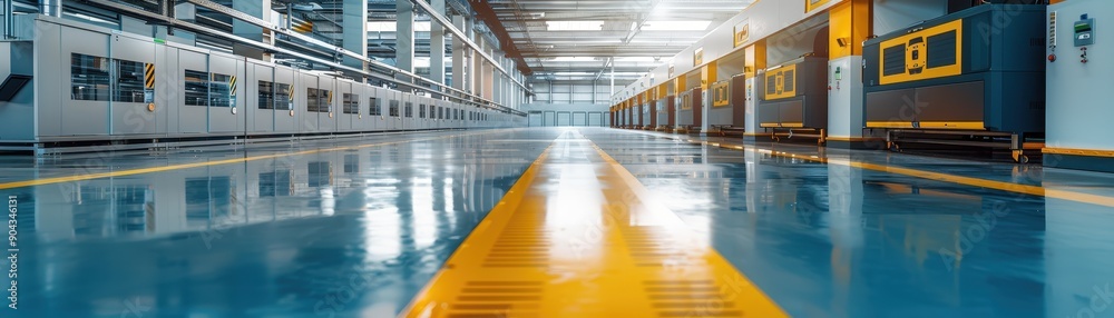 Fototapeta premium A factory with a conveyor belt of paper rolls. The rolls are being made and are in various stages of production. The conveyor belt is long and extends from the left to the right side of the image