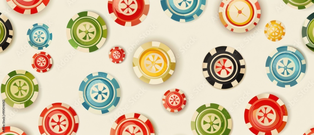 A colorful array of poker chips with a white background A colorful array of poker chips with a white background