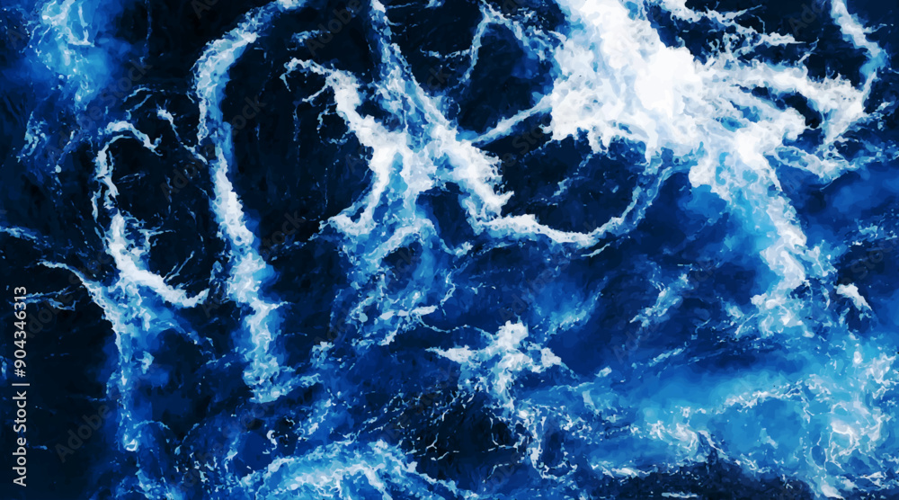Dramatic sea waves storm from aerial view. Deep dark blue ocean water texture background. Top view.