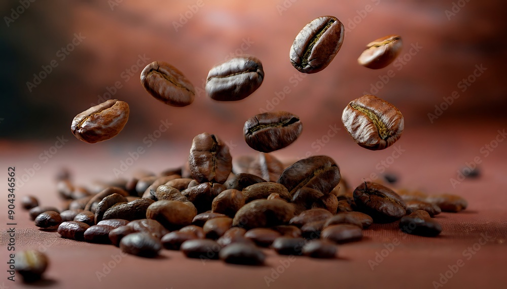 Roasted coffee beans falling on heap against brown Roasted coffee beans falling on heap against brown